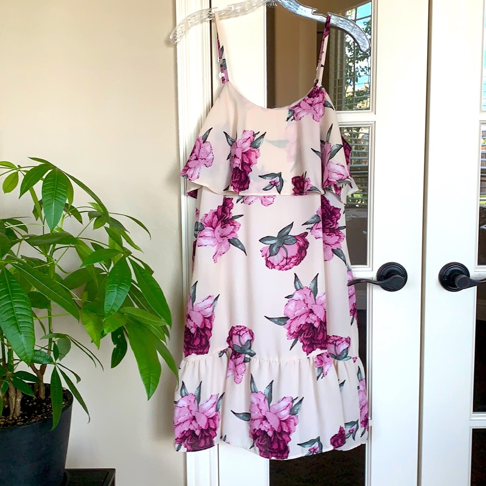 Charming Charlie floral cold shoulder spaghetti strap ruffle top dress, Small